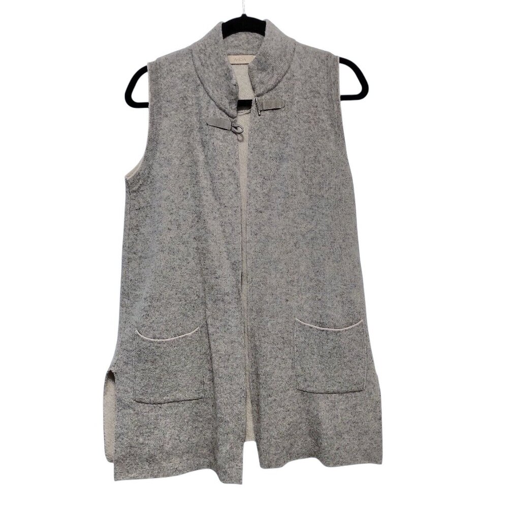 A.Ida Solid Gray Open Front Mock Neck Pockets Sleeveless Sweater Vest M